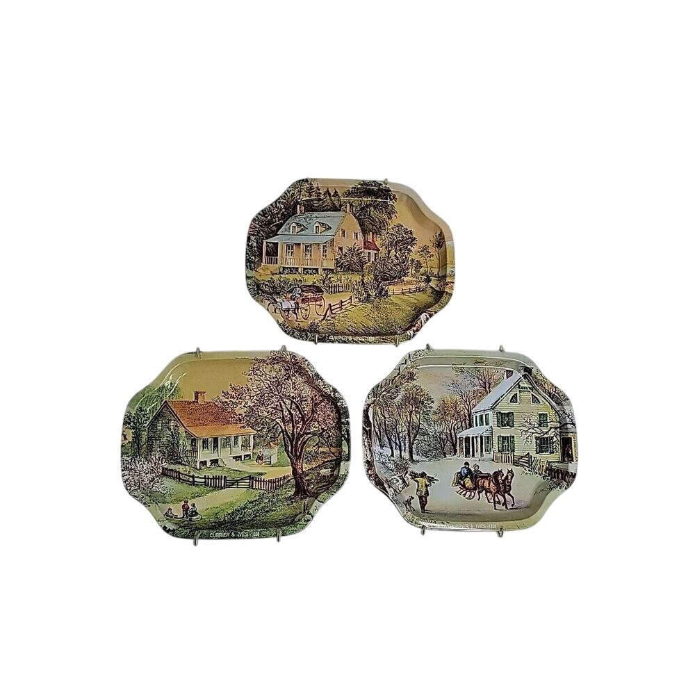 Vtg. Currier & Ives American Homestead 3 Seasons 1868 Metal Serving trays 7.5x6